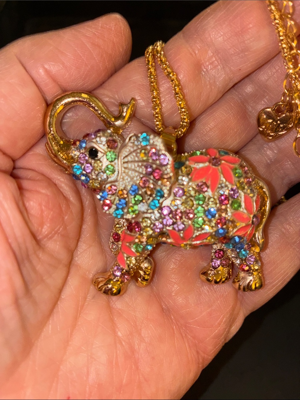 Multicolor Elephant Pendant Necklace - Floral Crystal Accent and Gold Tones